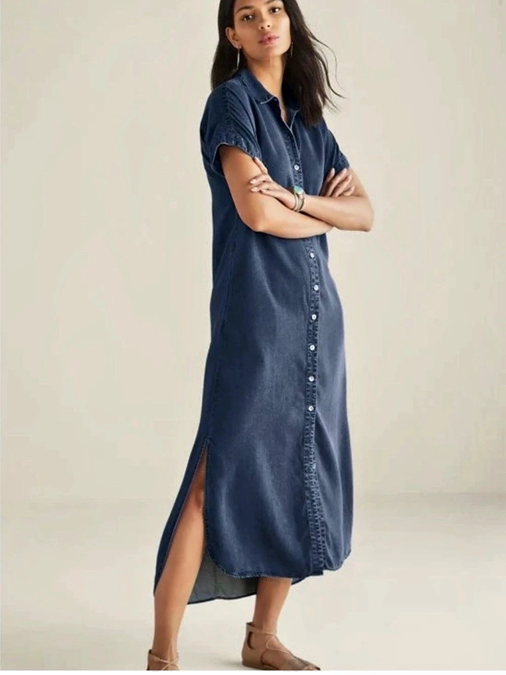 Soft surroundings je veux button front large denim soft maxi dress